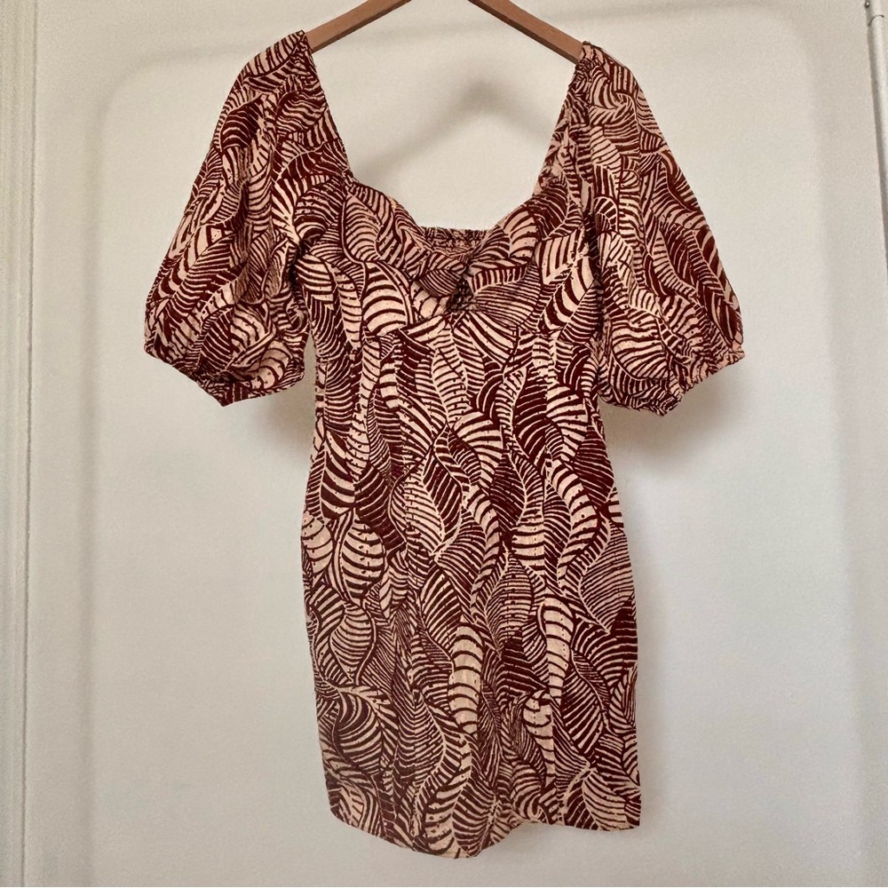 Mango Brown and White Puff Sleeve Mini Dress
